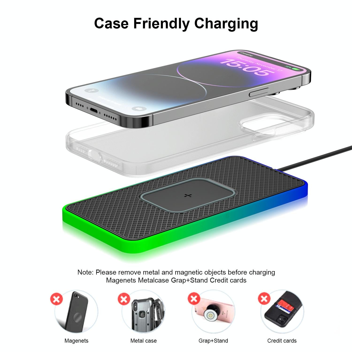 15w 2-in-1 Car Wireless Charger with Non-slip Mat and Colourful Light - 0.3m Usb Cable - Usb-C/Type-C Cable 0.3M