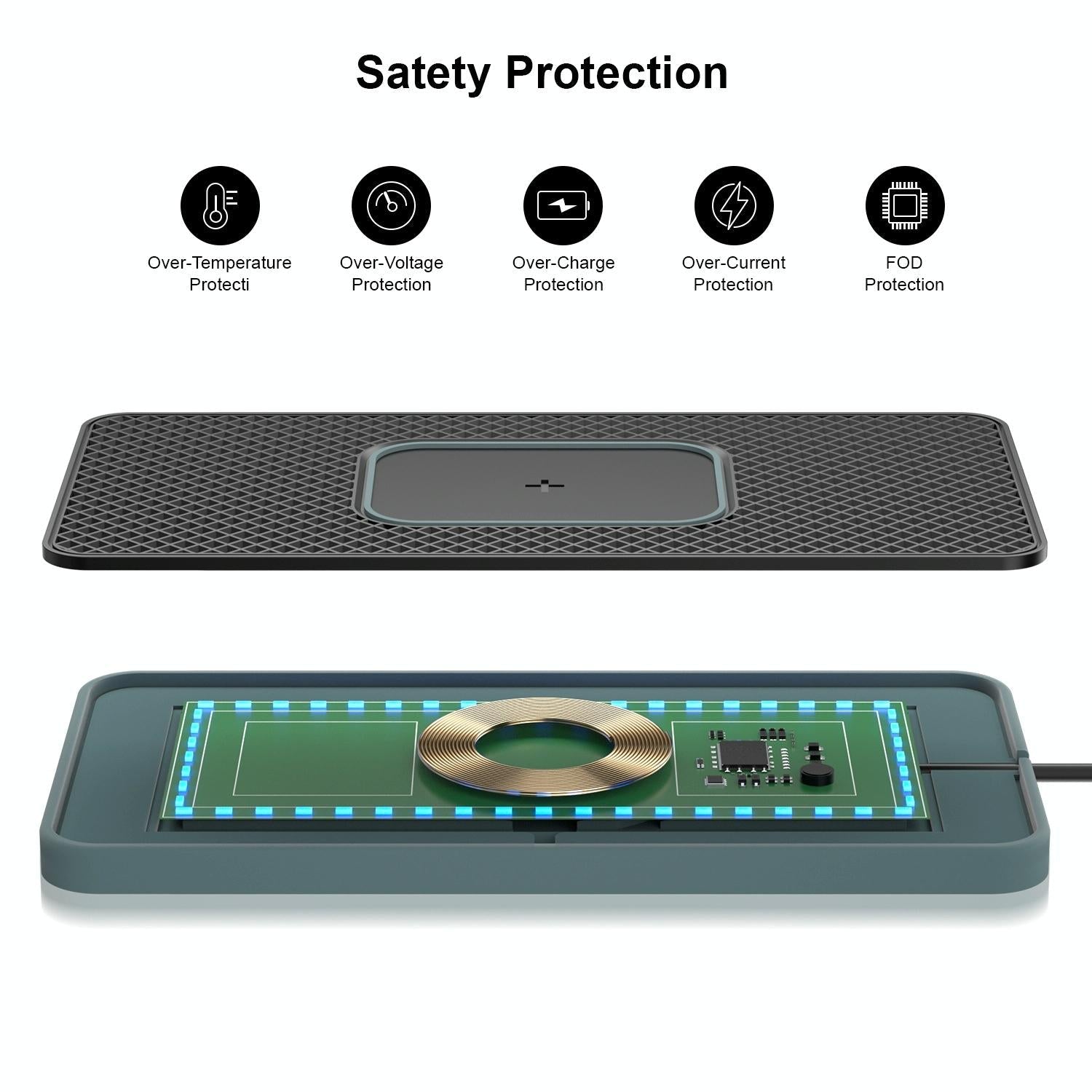 15w 2-in-1 Car Wireless Charger with Non-slip Mat and Colourful Light - 0.3m Usb Cable - Usb-C/Type-C Cable 0.3M