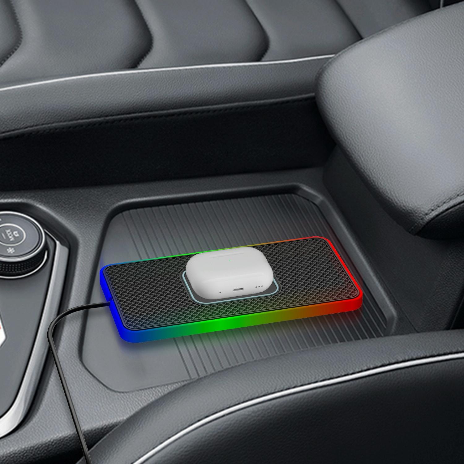 15w 2-in-1 Car Wireless Charger with Non-slip Mat and Colourful Light - 0.3m Usb Cable - Usb-C/Type-C Cable 0.3M