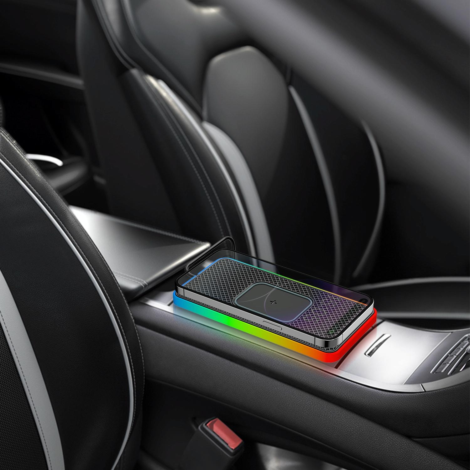 15w 2-in-1 Car Wireless Charger with Non-slip Mat and Colourful Light - 0.3m Usb Cable - Usb-C/Type-C Cable 0.3M