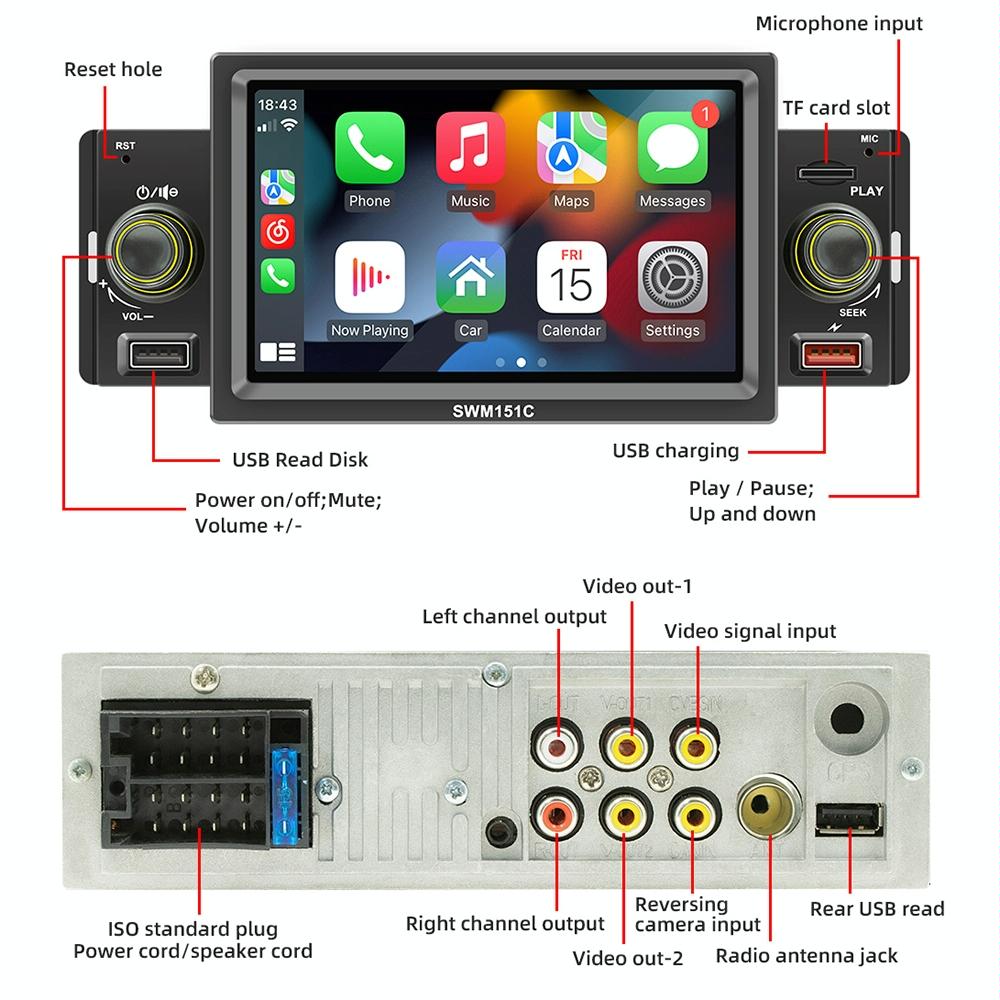 5 Inch Car Mp5 Inch Player With Carplay / Android Auto - Black